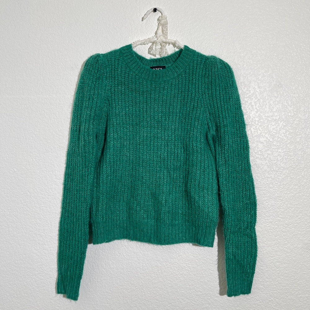 Mix-Knit Puff Sleeve Ribbed Sweater Green